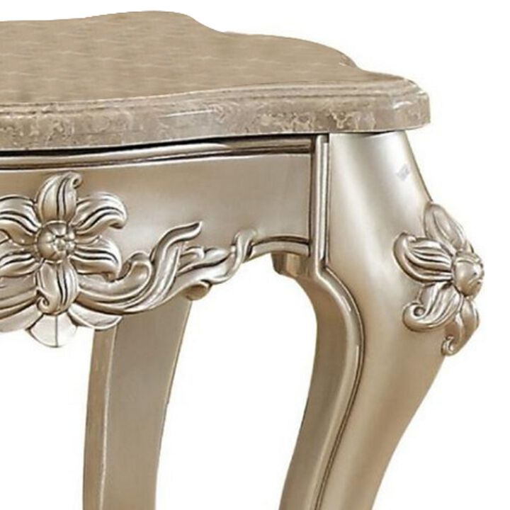 Marble Top End Table With Flower Motif Engraved Angular Wood Feet, Silver-Benzara