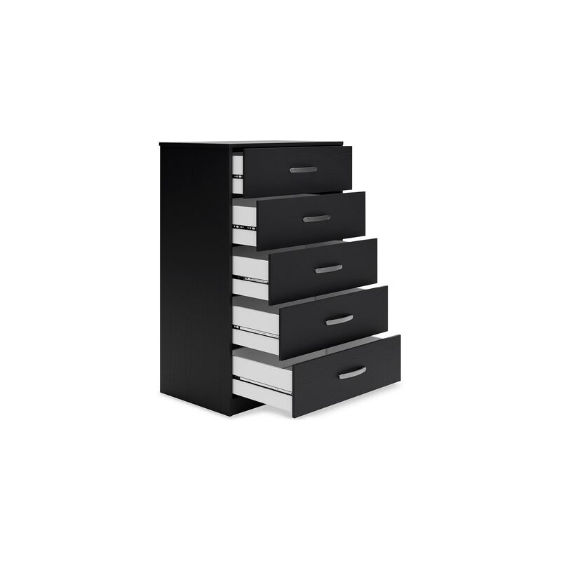 Finny Tall Dresser Chest, 5 Drawer, Matte Black, Silver Metal, 46 Inch