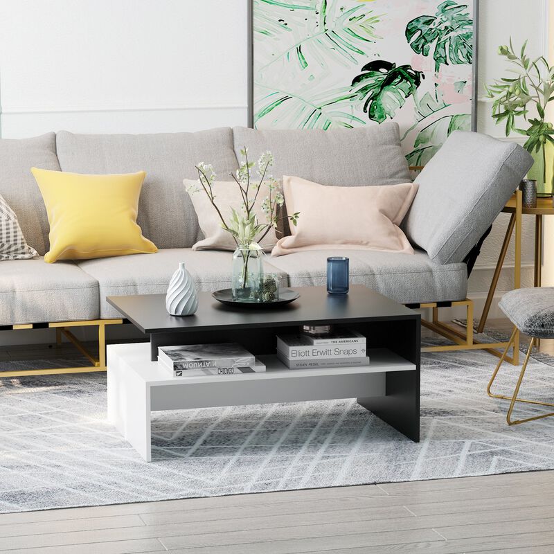Sleek Living Room Centerpiece: Black/White 2-Tier Coffee Table with Storage