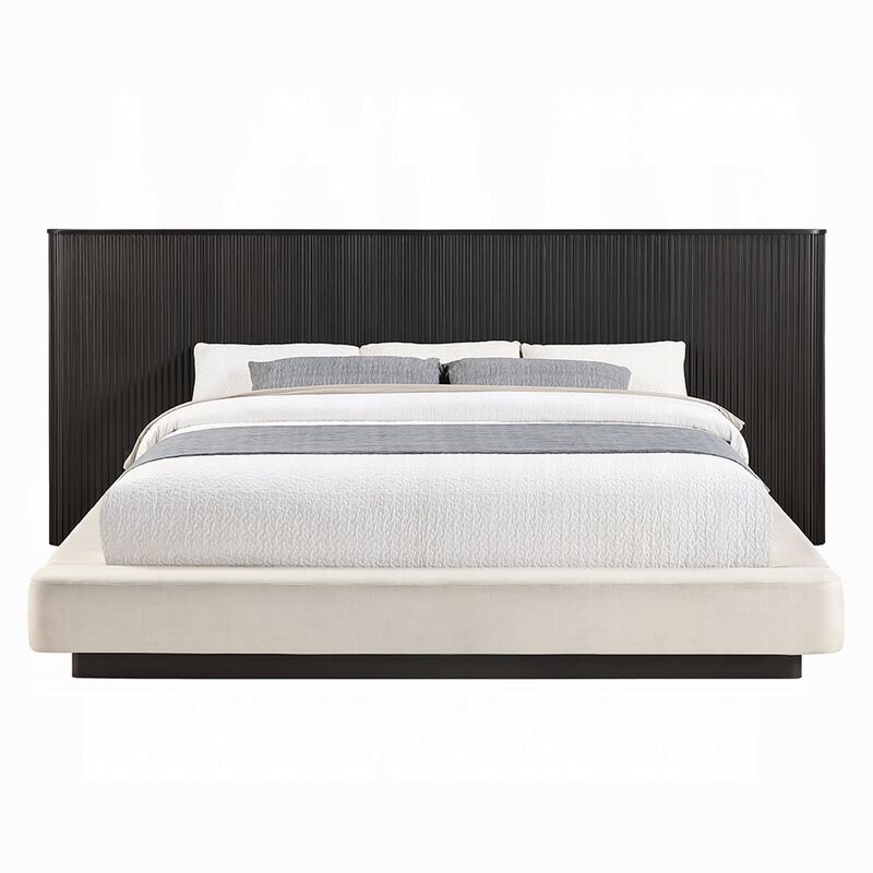 Jeh King Low Platform Bed, Fluted Headboard, Beige Linen, Espresso Brown image number 2