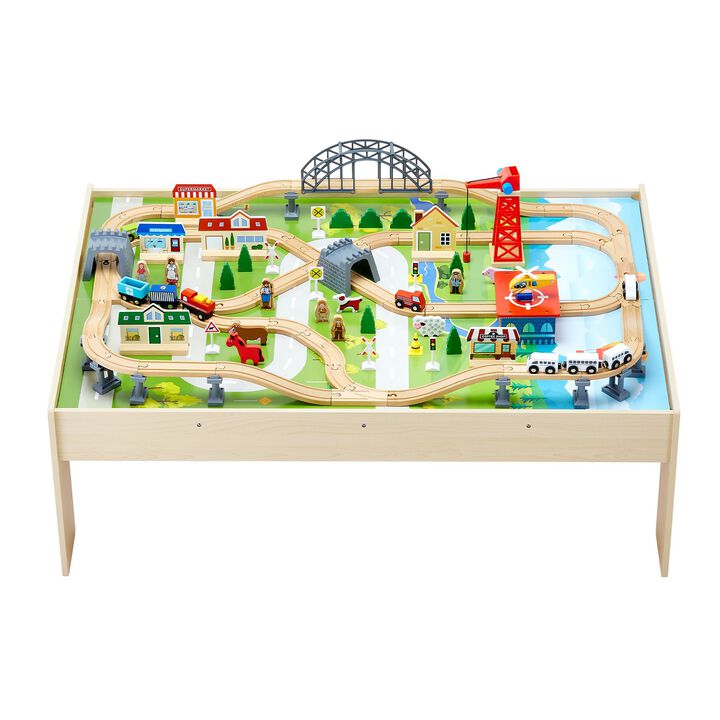 Kids Train Table with 120 Piece Wooden Train Set and Storage Bin