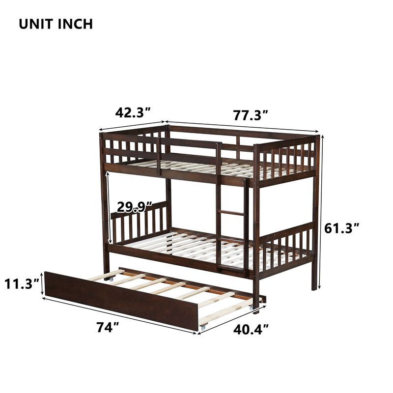 Whisen Twin Over Twin Rubber Wood Bunk Bed with Trundle, Convertible into Twin Size Beds, Twin Size Bunk Bed with Ladder and Safety Guardrails - White