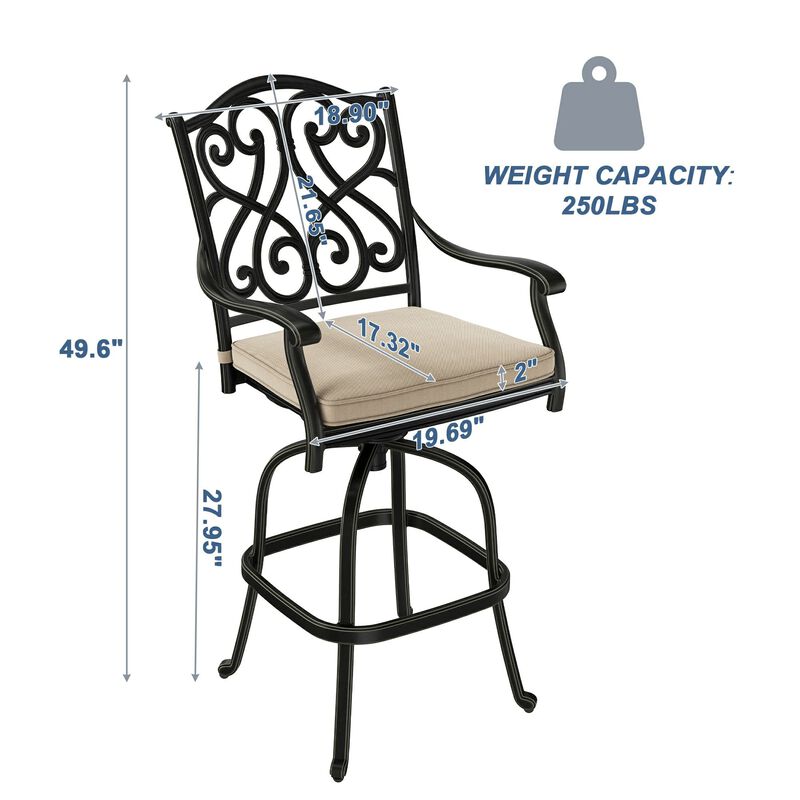 Mondawe Patio Dining Chairs with Removable Olefin Cushion Cast Aluminum Frame 360&deg; Swivel Bar Stool,Set of 2 image number 9