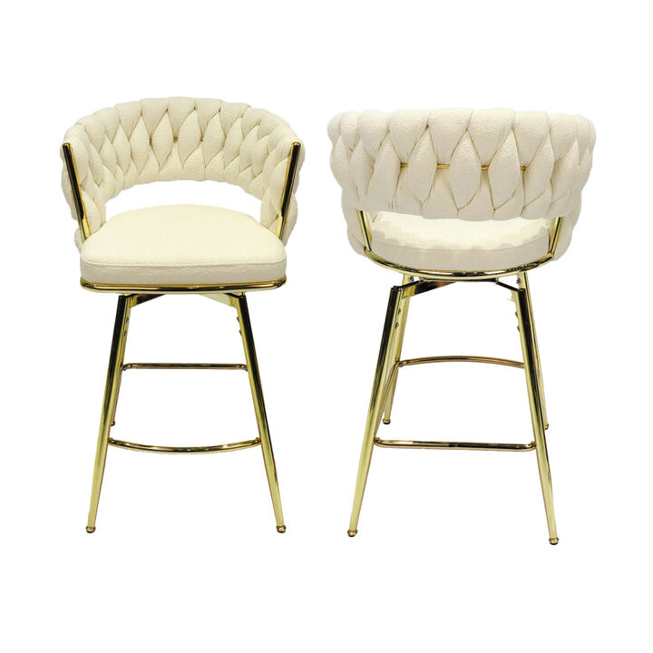 Bar Chair Toweling Woven Bar Stool Set of 2, Golden legs Barstools No Adjustable Kitchen Island Chairs,360 Swivel Bar Stools Upholstered Counter Stool Arm Chairs with Back Footrest, (White)