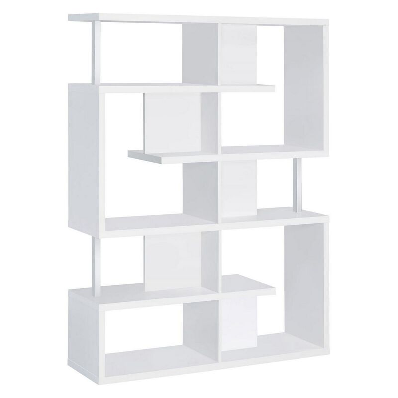 Splendid white bookcase With Chrome Support Beams-Benzara