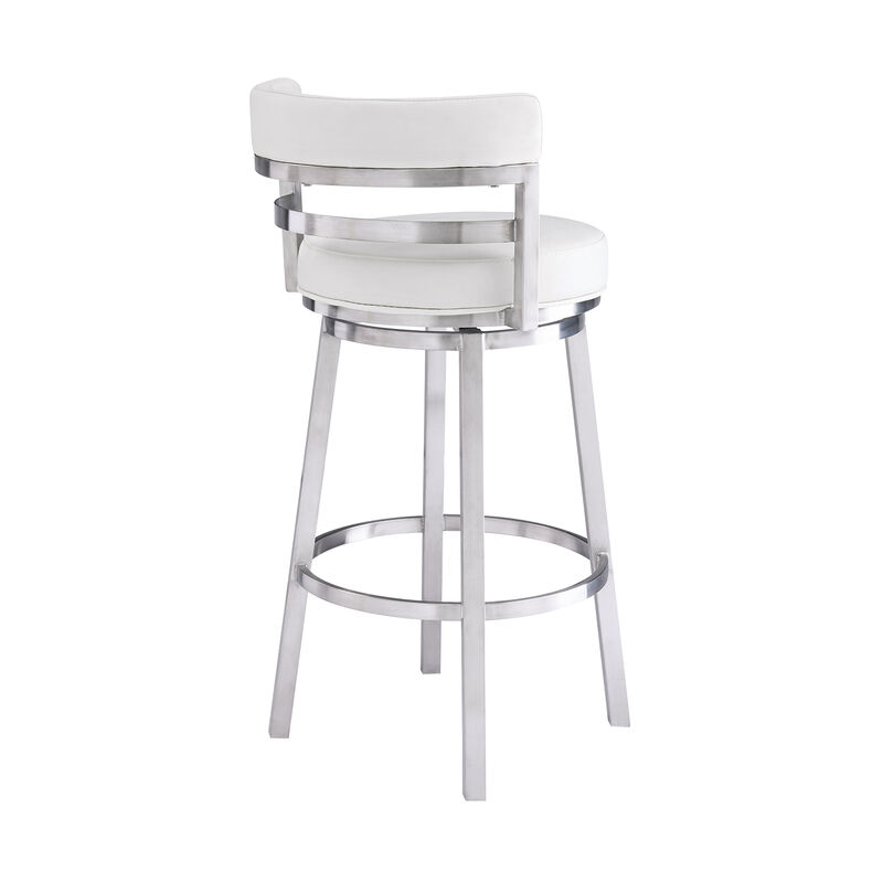 Eva 30 Inch Padded Swivel Bar Stool Chair, Steel Finish, White Faux Leather-Benzara image number 3