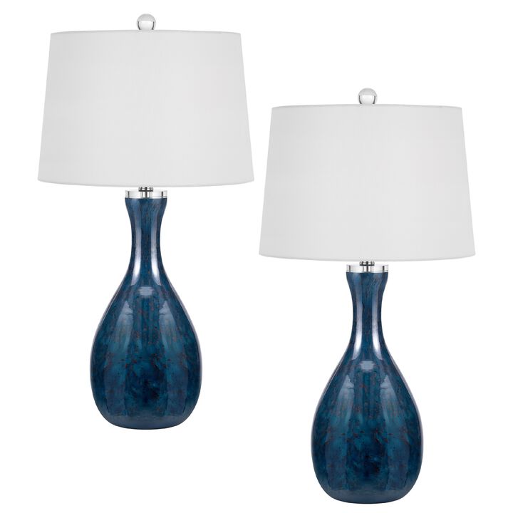 Table Lamp Set of 2, Off-White Drum Shade, Dark Blue Glass 29 Inch