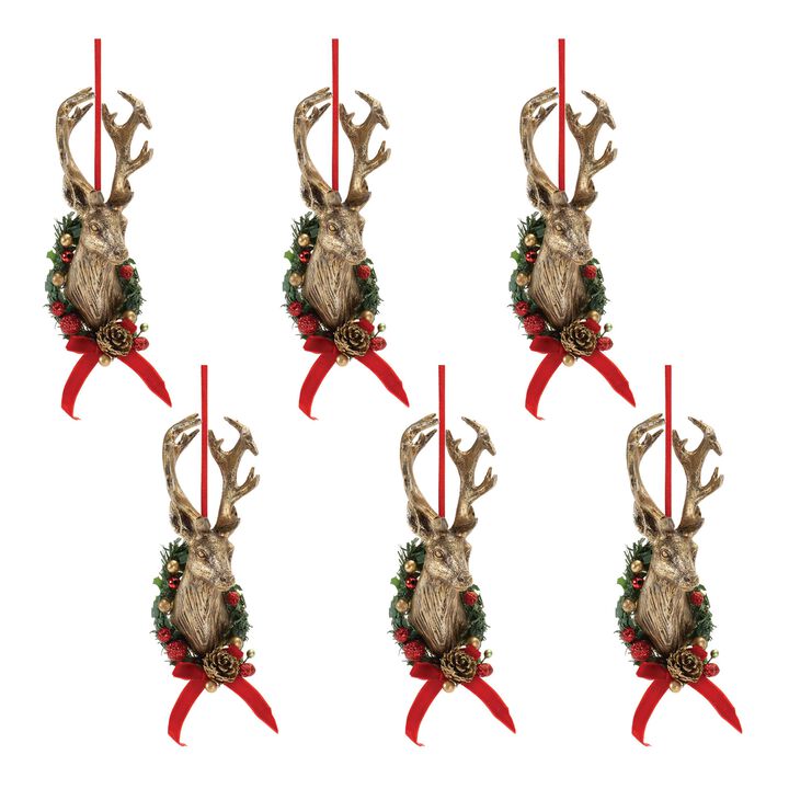 Set of 6 Deer Head Mount Ornaments for Holiday Tree or Rustic Winter Display