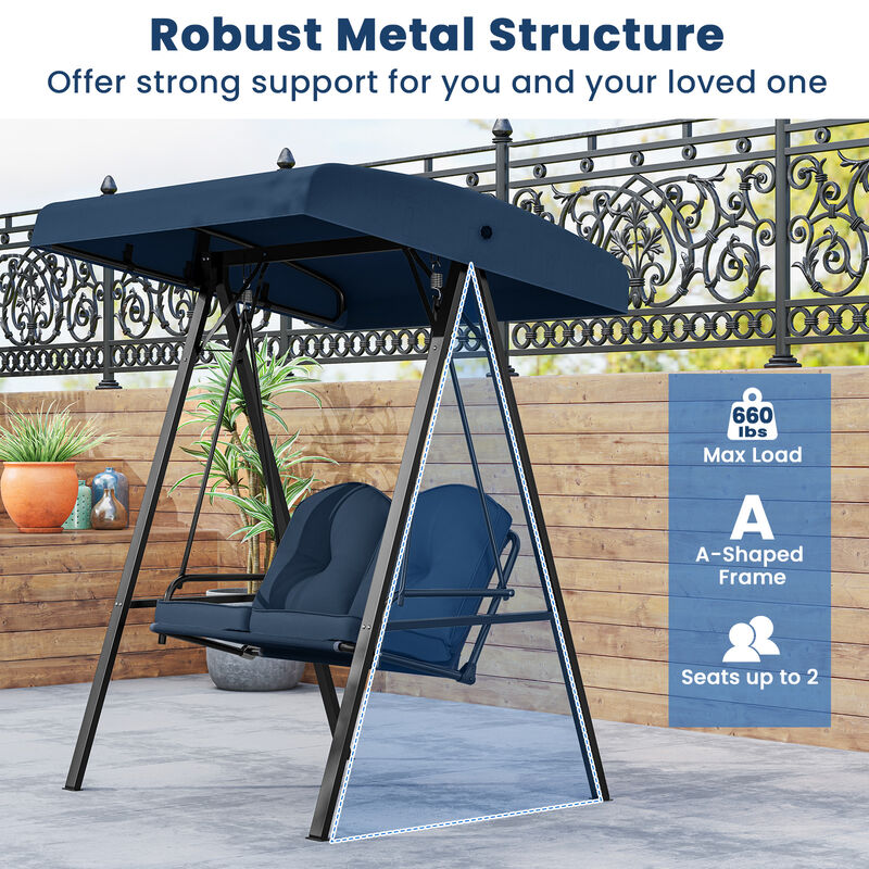 2-Person Outdoor Porch Swing with A-Frame Stand and Adjustable Canopy