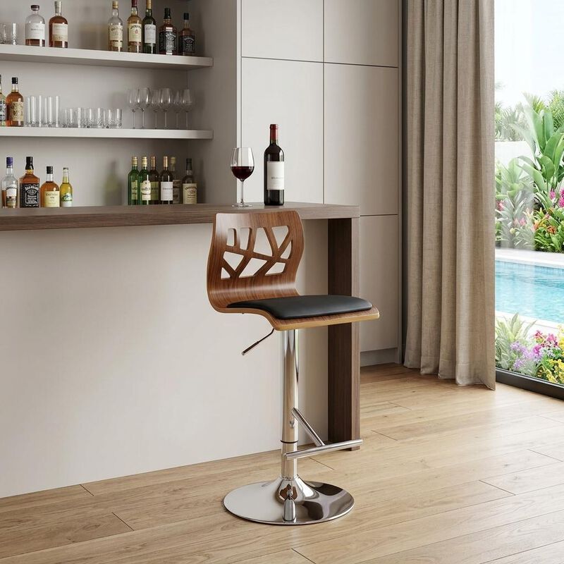 HomeRoots Black Brown And Silver Faux Leather And Metal Low Back Adjustable Height Bar Chair image number 1
