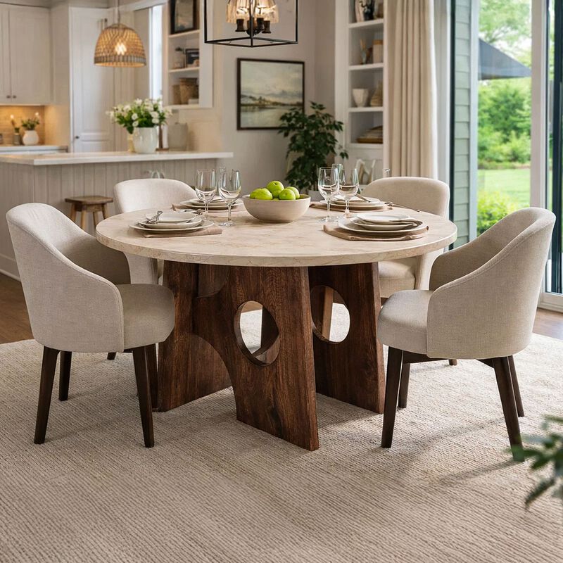 Tara Dining Table , 48 Inch Round Botticino Italian White Marble Top , Walnut Brown Artisan Base image number 2