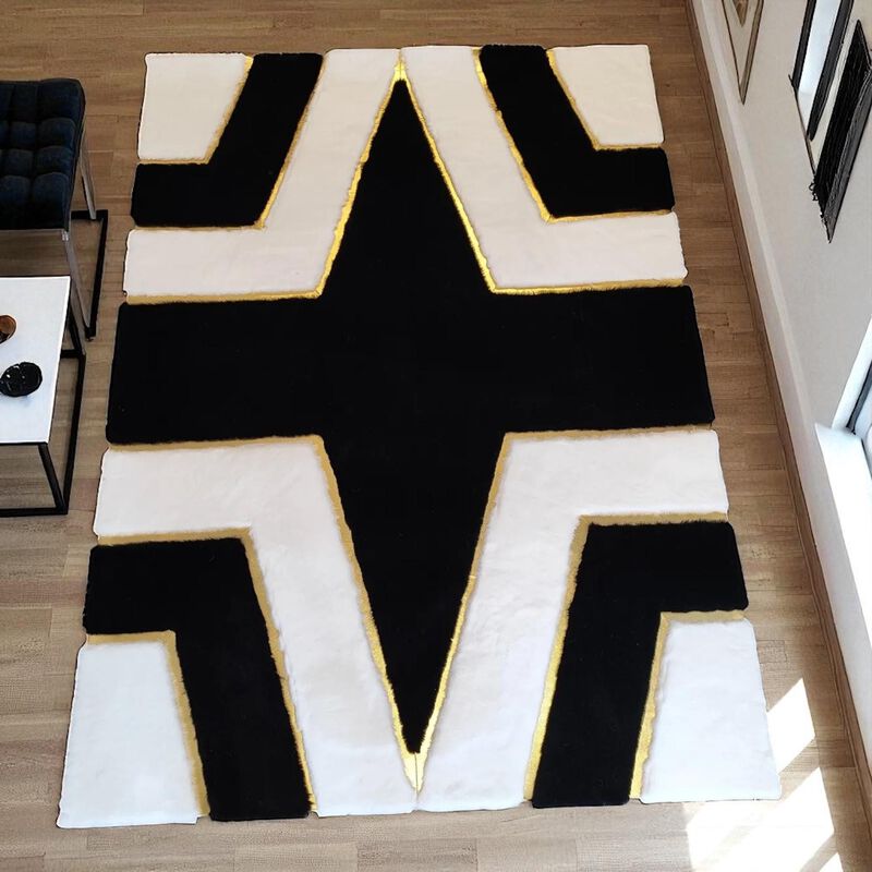 Black and White Plush Area Rug with Bold Contrast Design, Custom Size Plush Carpet image number 2