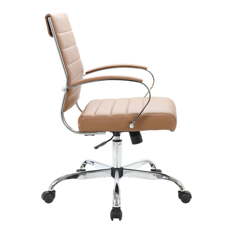 LeisureMod Benmar Mid-Back Office Chair, Leather Upholstery with Swivel, Tilt, and Chrome Base, Modern Desk Seating for Home Office or Conference Room