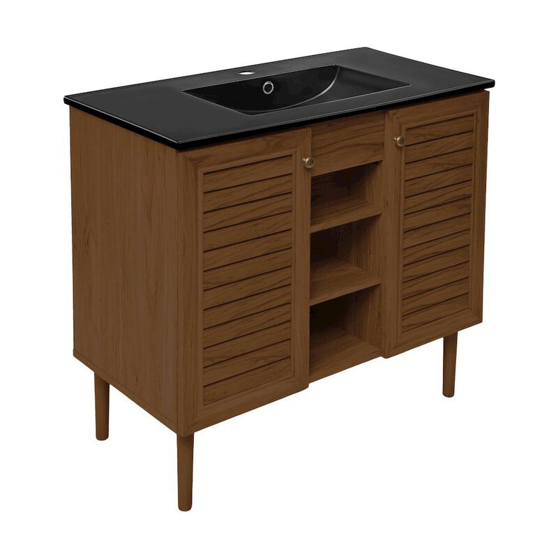 Bron 36" Freestanding Bathroom Vanity in Brown Oak with Black Sink Top image number 1