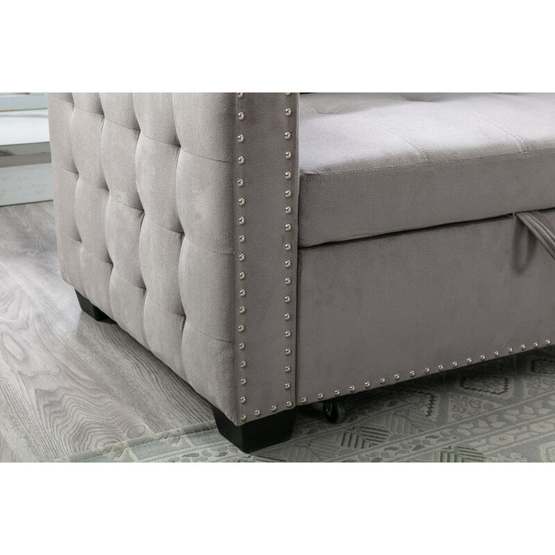 77 Inch Reversible Sectional Storage Sleeper Sofa Bed, L-Shaped 2 Seat Sectional Chaise With Storage, Skin-Feeling Velvet Fabric, Light Grey Color For Living Room Furniture