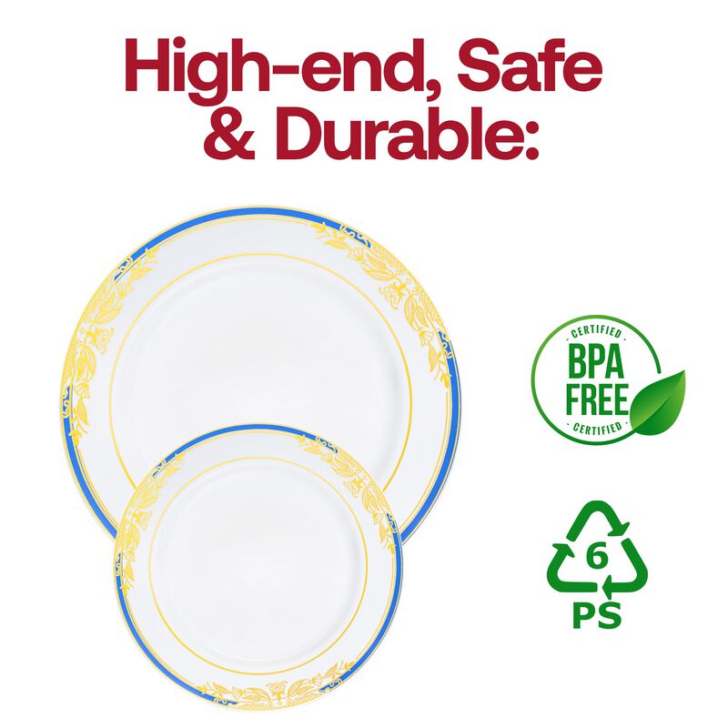 White with Blue and Gold Harmony Rim Plastic Dinnerware Value Set (40 Sets) image number 5