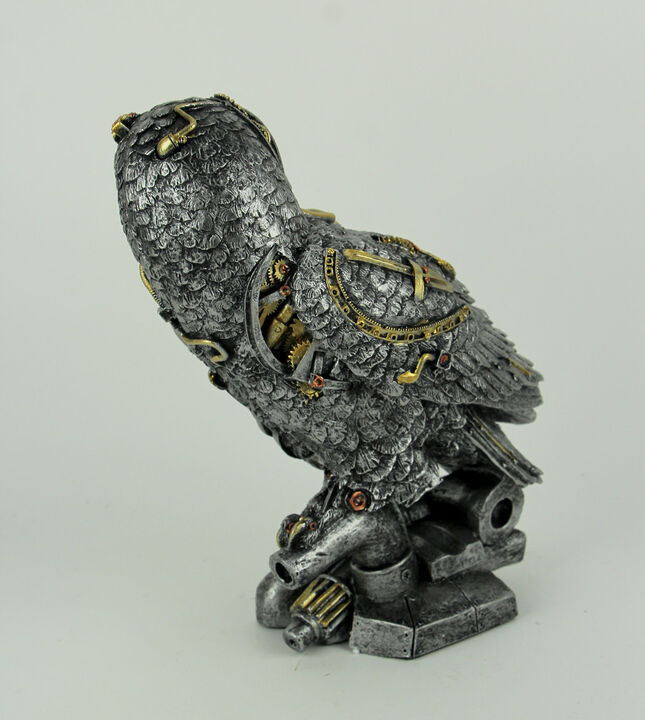 Metallic Silver and Gold Gothic Steampunk Owl Statue