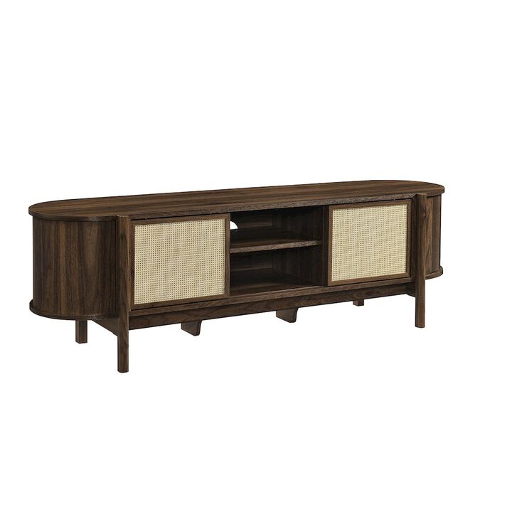 Modway Reid 61 Inch TV Stand in Walnut - Curved Oval Media Console with Rattan Sliding Doors and Open Shelves - Mid-Century Modern Entertainment Center for Flat Screen TVs up to 68&rdquo;