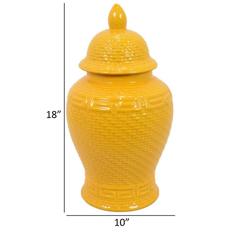 Bryan 18 Inch Ceramic Temple Jar, Geometric Print, Finial Top, Yellow - Benzara