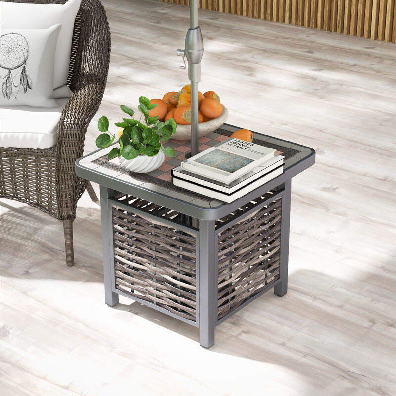 Outdoor PE Rattan Side Table Square End Table with Umbrella Hole