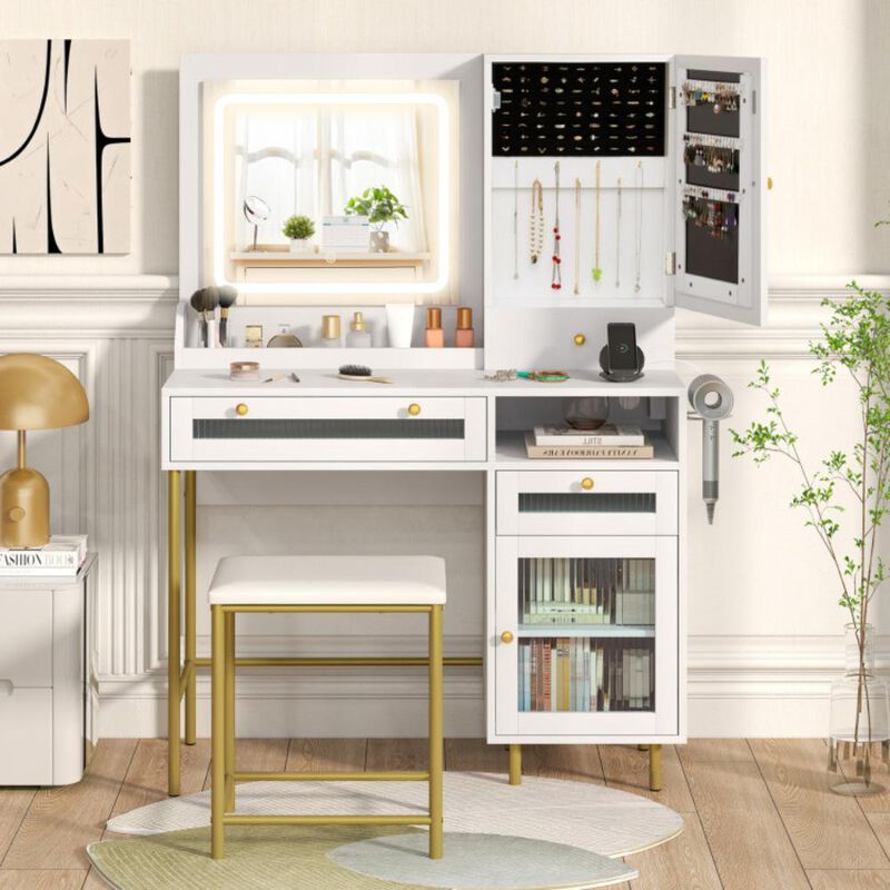 Hivvago Modern Makeup Vanity Desk with Mirror and Lights and Stool Set