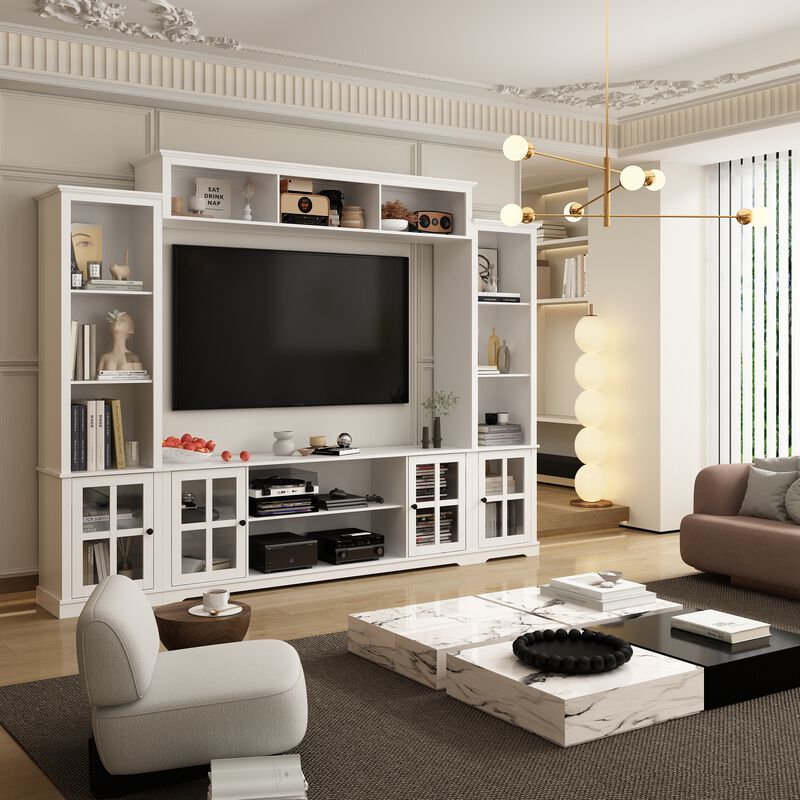 FUFU&GAGA 102-inch Modern TV Media Cabinet with Glass Cabinet Doors, Open Shelves, and Drawers, Made of White PB Board (102 in. W x 14.6 in. D x 78.2 in. H)