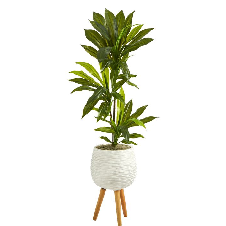 Nearly Natural 46-in Dracaena Plant in White Planter with Stand (Real Touch)