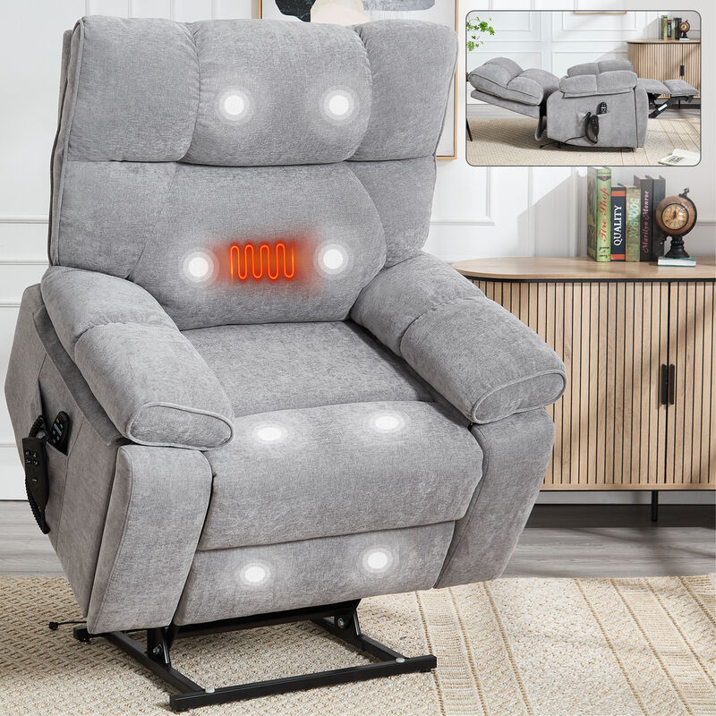 Grey Heat Massage Dual Motor Infinite Position Up to 350 LBS Large Electric Power Lift Recliners with Hidden Cup Holders, Power-Remote, Medium-firm and Heavy Duty