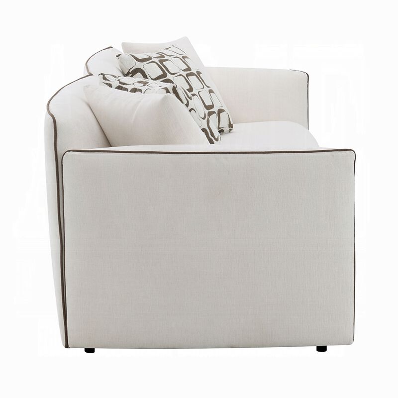 Yoda Sofa with 4 Throw Pillows, Foam Beige Chenille, Brown Trim 91 Inch image number 3
