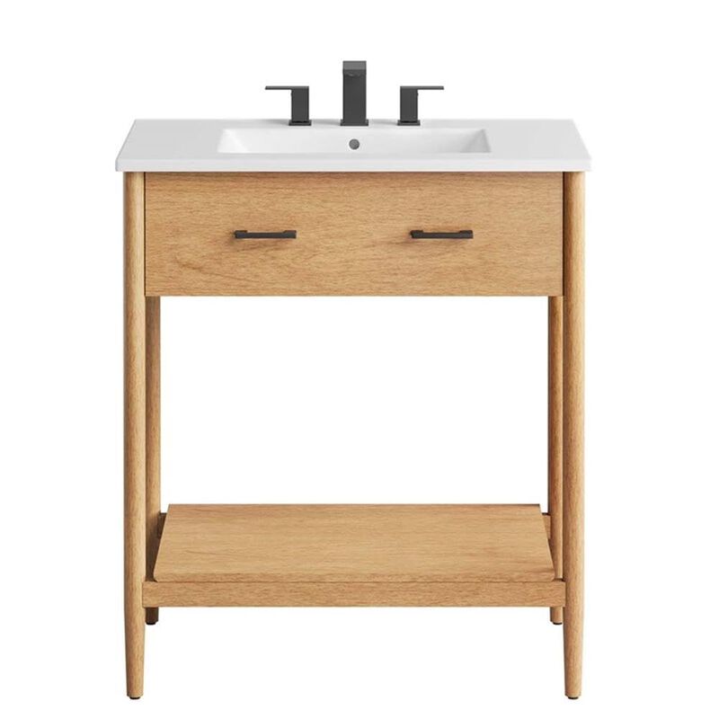 Modway Zaire 30&rdquo; Mid-Century Bathroom Vanity Washstand in Natural White with Ceramic Sink Basin, 30 Inches image number 5