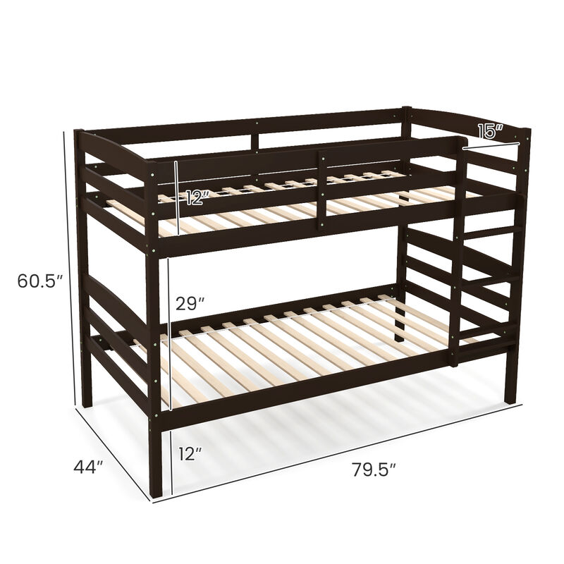 Solid Wood Twin Over Twin Bunk Bed Frame with High Guardrails and Integrated Ladder-Espresso