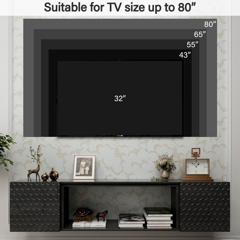 Mondawe 80 Inch Wall Mounted TV Cabinet, Media TV Station With Large Storage Space