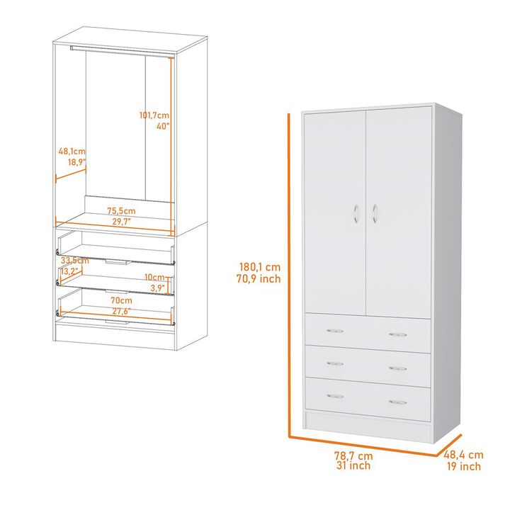 Fm Furniture Prescott Armoire, with 2 doors, 3 drawers and 1 hanging rod, White