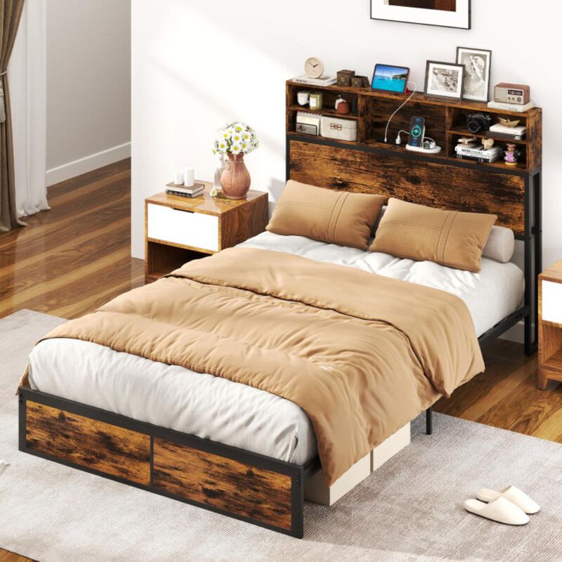 Hivvago Full Size Bed Frame with Storage Headboard Industrial Metal Platform Bed