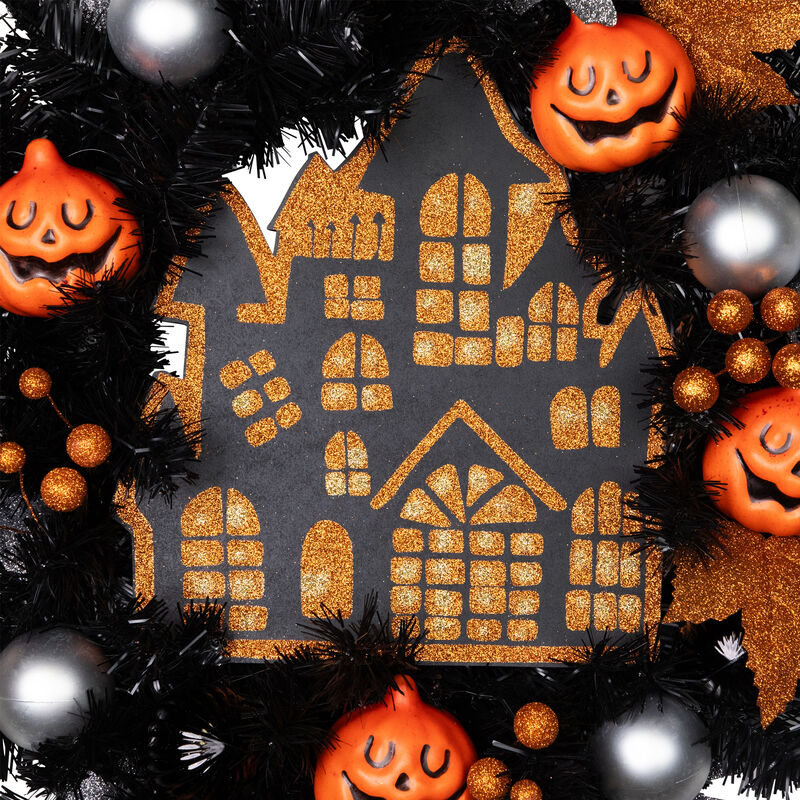 Orange and Black Haunted House Halloween Wreath  24-Inch  Unlit image number 1