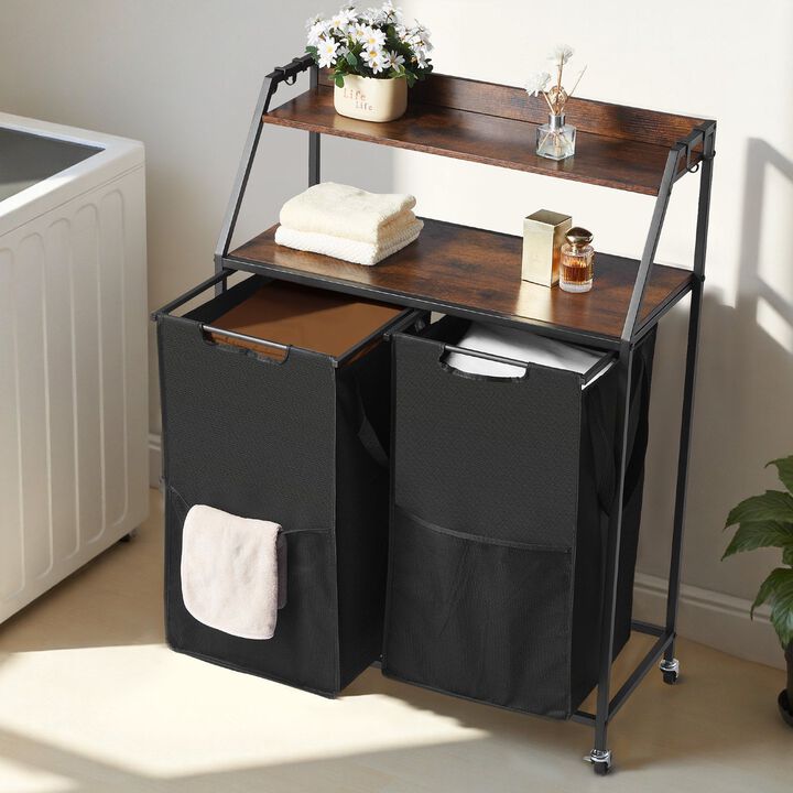 2 Section Rolling Laundry Sorter with Shelves, Oxford Cloth Bags and Wooden Top-Black