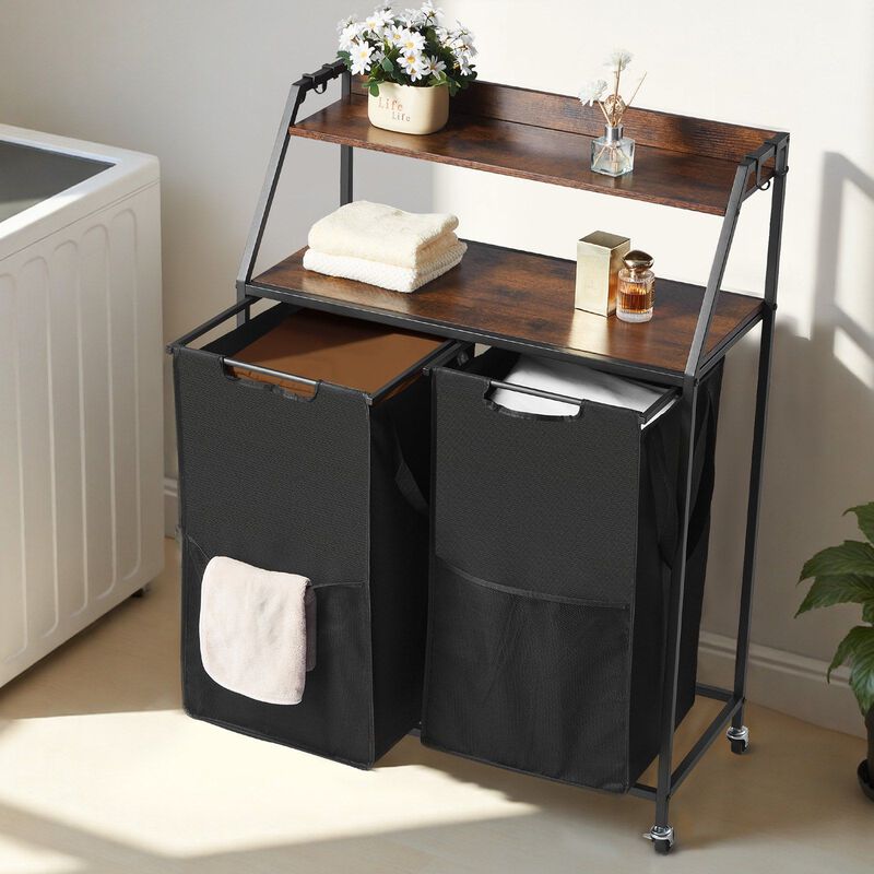 2 Section Rolling Laundry Sorter with Shelves, Oxford Cloth Bags and Wooden Top-Black image number 1