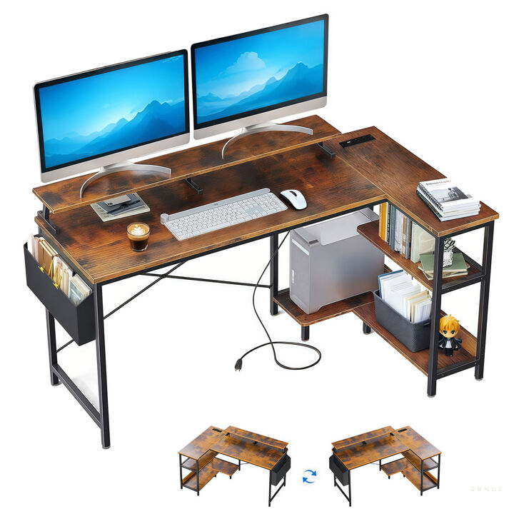 GOODSILO Reversible L-Shaped Gaming Desk with Power Outlets, Monitor Stand and Storage Shelves for Home Office and Small Spaces