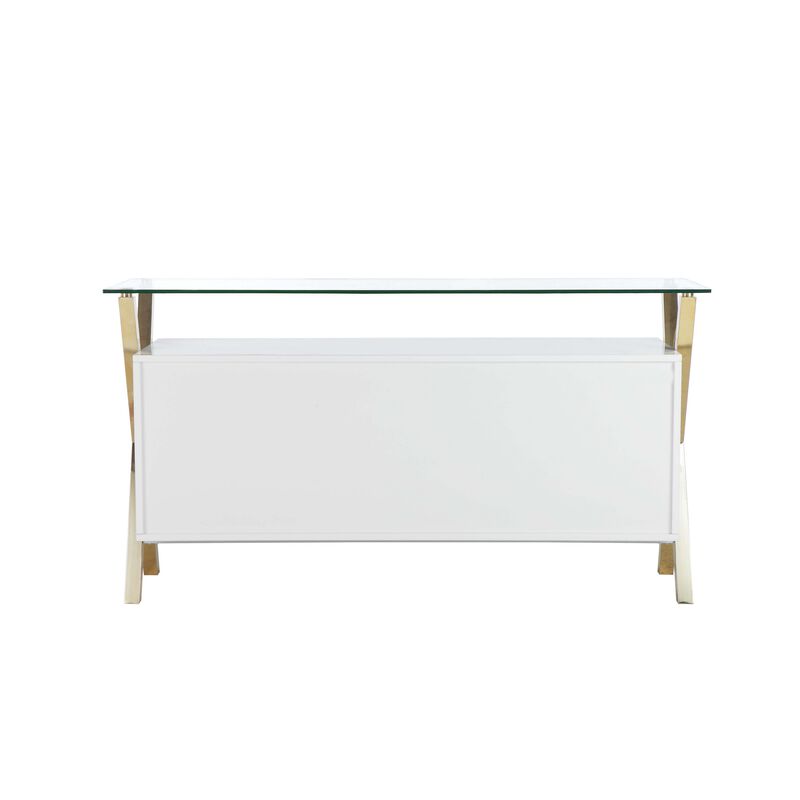 Tia Sideboard Buffet Console, 63 Inch Glass Top, White Lacquer, Gold - Benzara