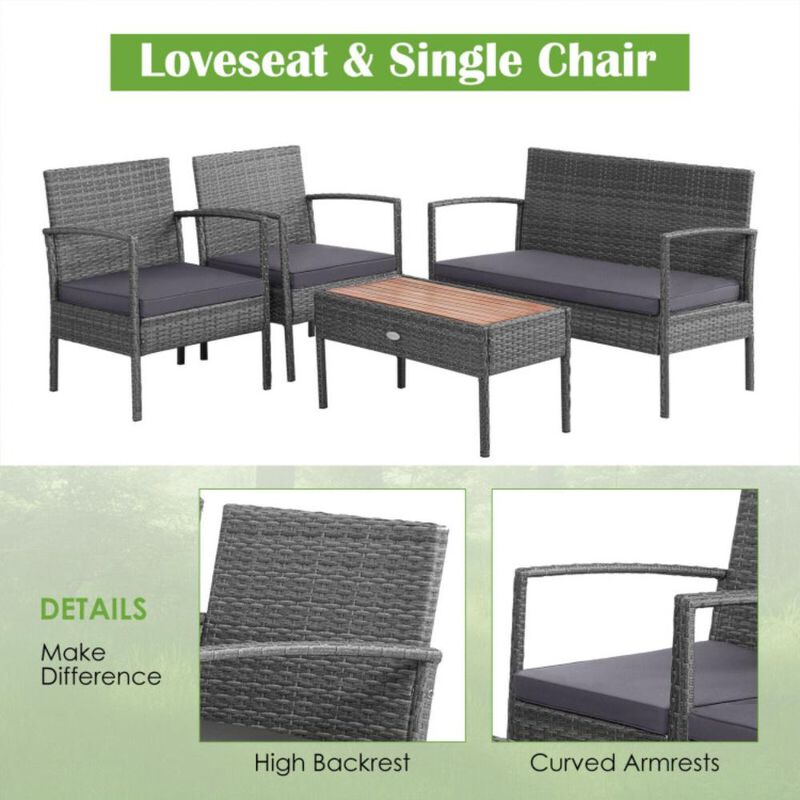 Hivvago 4 Pieces Rattan Patio Conversation Furniture Set with Acacia Wood Tabletop
