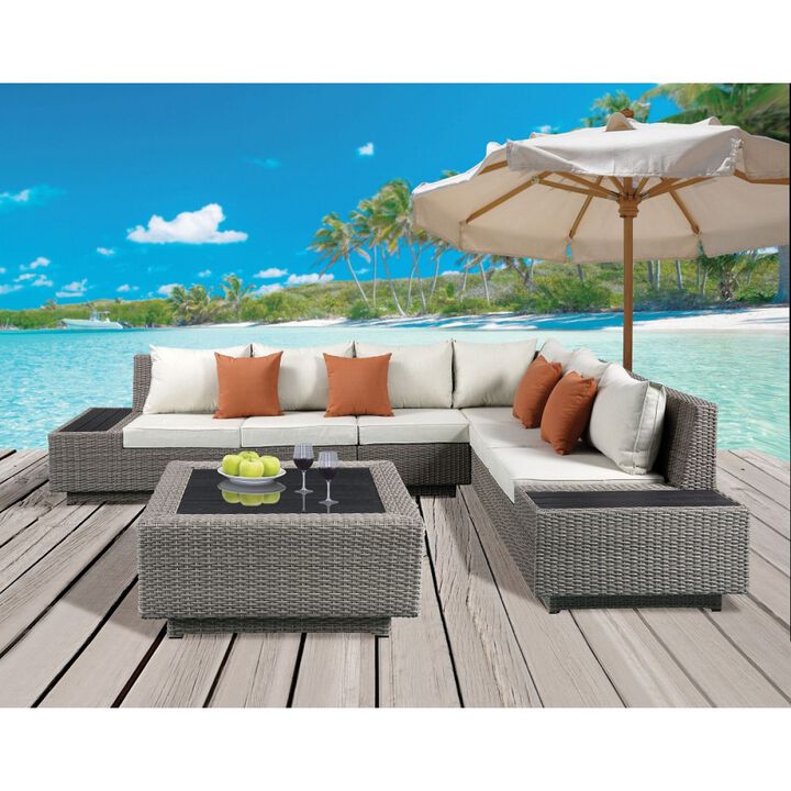 Salena Patio Sectional & Cocktail Table in Beige Fabric & Gray Wicker
