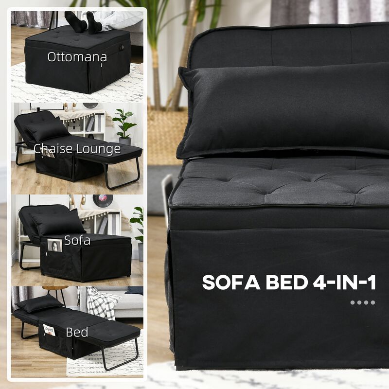 Ottoman Sofa Bed, 4 in 1 Multi-Function Button Tufted Folding Sleeper Chair Bed with Adjustable Backrest, Pillow, Side Pocket for Home Office, Bedroom, Living Room, Black