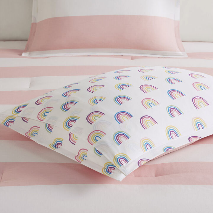 Gracie Mills Orson Cotton Cabana Stripe Reversible Comforter Set with Rainbow Print