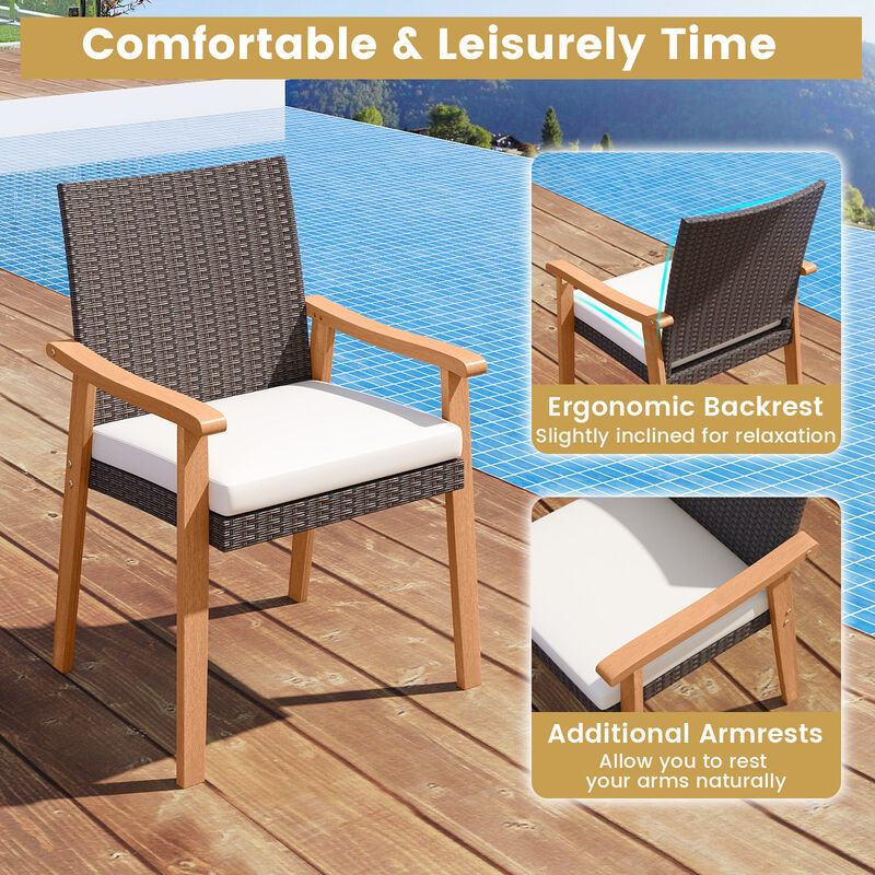 Set of 2 Outdoor Patio PE Rattan Dining Chairs with Acacia Wood Armrests and Cushion image number 5