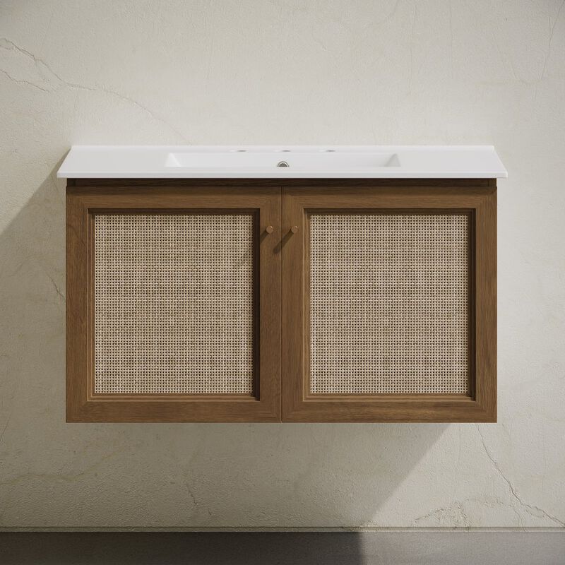 36" Wall-Mounted Bathroom Vanity, Brown Oak, Widespread Faucet Holes Vanity Top image number 3