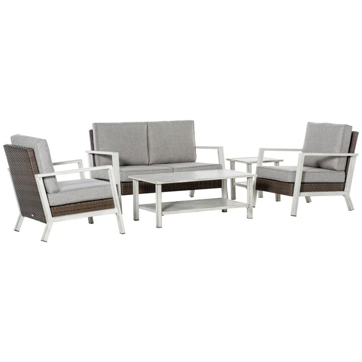 5 Pieces Patio Wicker Conversation Sets, Outdoor PE Rattan Loveseat Furniture, Two-tier Coffee Table and Side Table, Beige