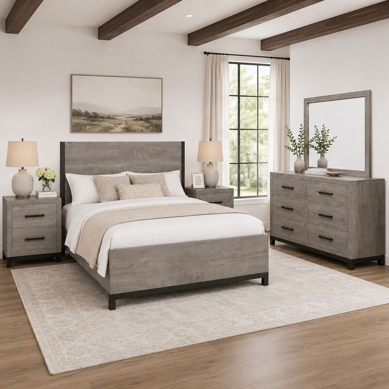 Queen Bedroom Set, Gray Wood, 5 Piece Set with 2 Nightstands, Dresser, and Mirror image number 8