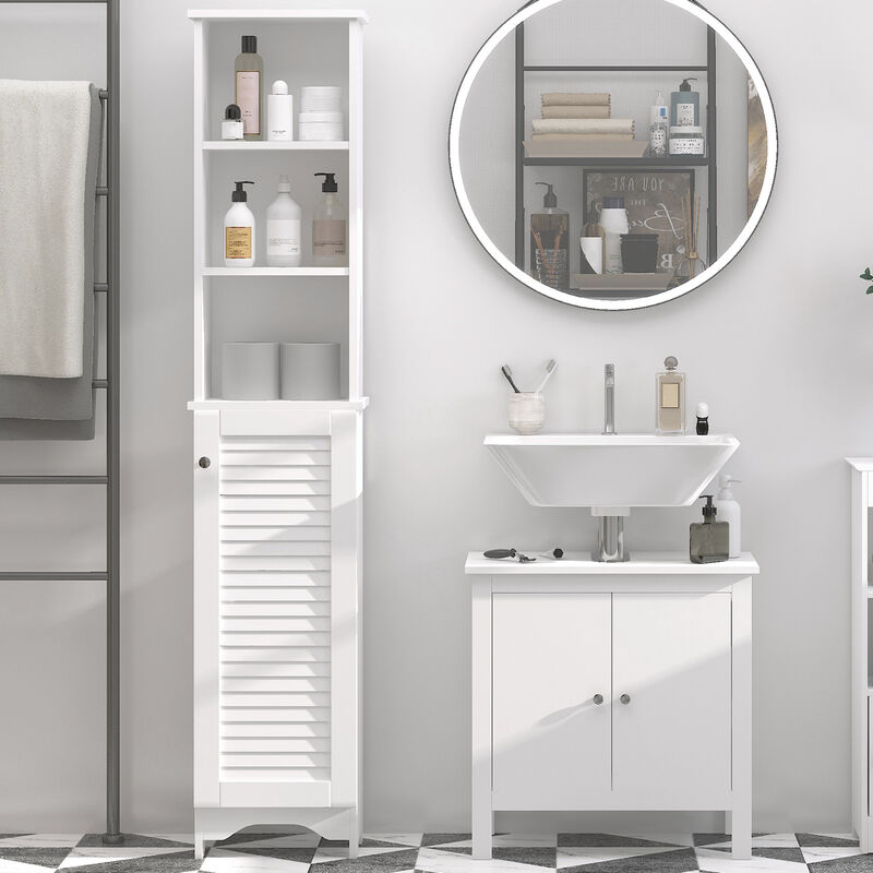 Wooden Collection Tall Bathroom Linen Tower with Adjustable Shelving & Cupboard
