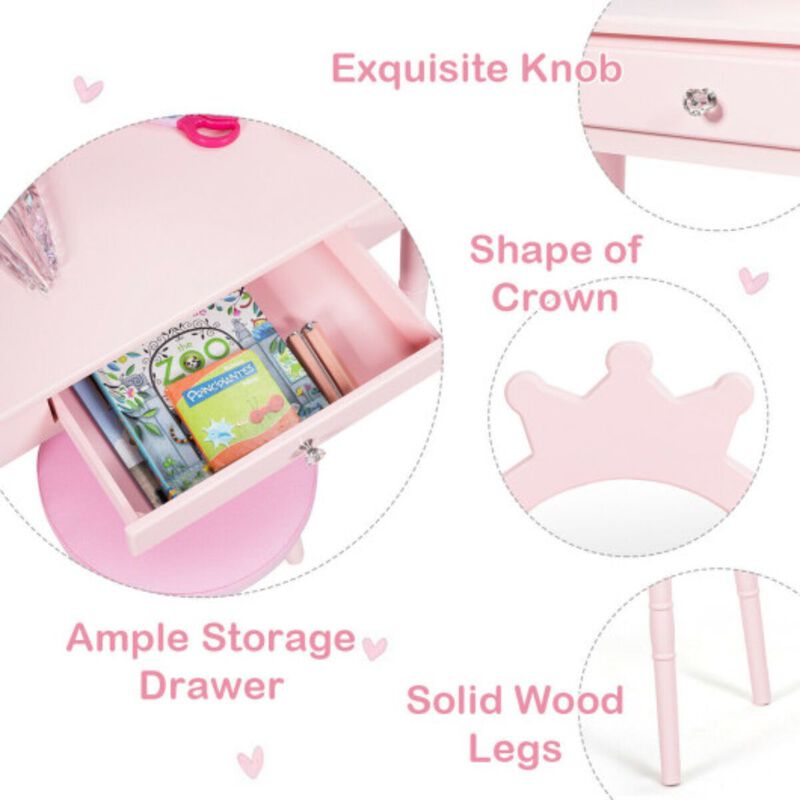 Kids Wooden Princess Makeup Table with Cushioned Stool-Pink image number 4
