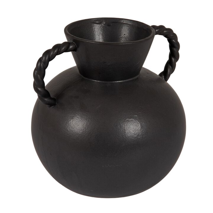 Stoneware Vase with Twisted Handles, Reactive Matte Black Glaze